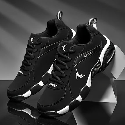 Air Cushion Casual Sneakers  Black/White Colorway, PU Upper, Geometric Design