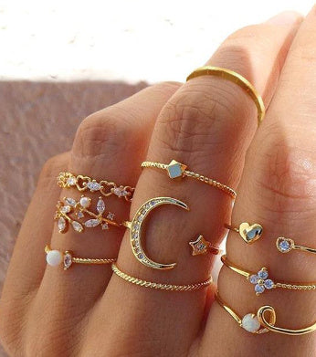 Fashion Gold-plated Leaf Pearl Ring Set, Ladies Street Shooting All-match Ring