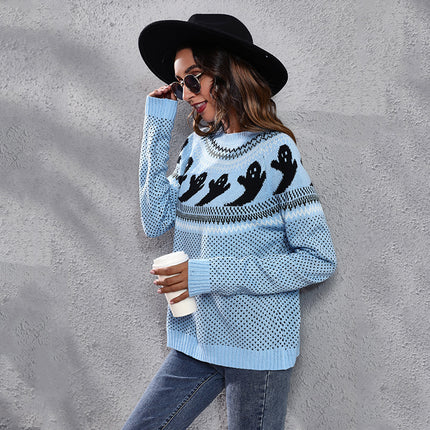 Halloween Cartoon Ghost Polka Dot Pullover Sweater