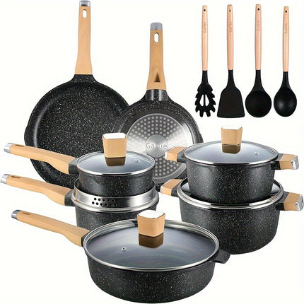 Pots and Pans Set with Lids, Granite Stone Cookware Sets Suitable for Gas, Electric,