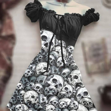 Halloween 3D Skull Print Women's Short Sleeve A- Line Skirt