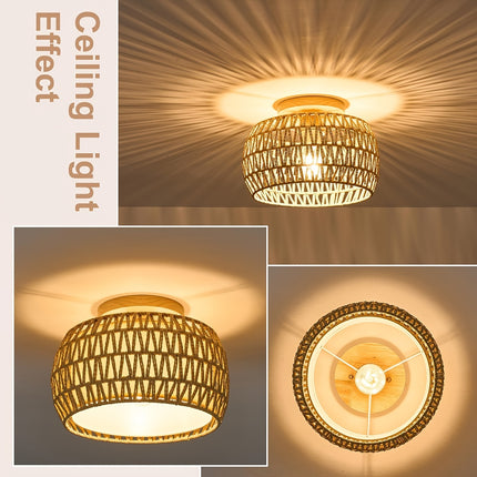 1pc Bohemian Rattan Semi-Flush Mount Ceiling Light Fixture For Farmhouse Decor