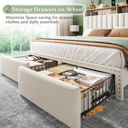 Color-Controlled Bed Frame With Light Strip And Socket, Three Sizes Available