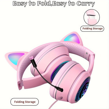 AUX 3.5Mm Cat Ear Gaming Headphones with LED Light, Noise-Cancelling Stereo On-Ear Headphones,