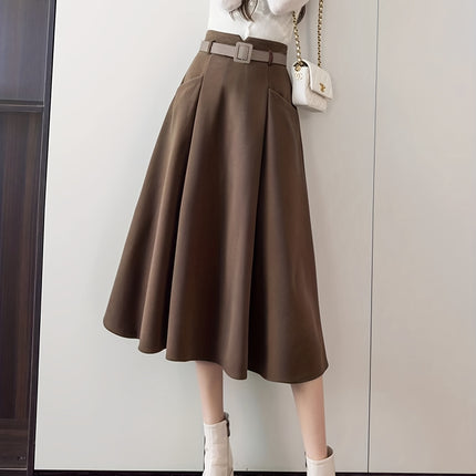 Elegant Flared Skirt with Belt | Women'S Fall/Winter Design, Back Zipper, Pockets, Solid Color
