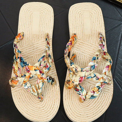 Beige Boho Printed Woven Caged Flip Flops Summer Slippers