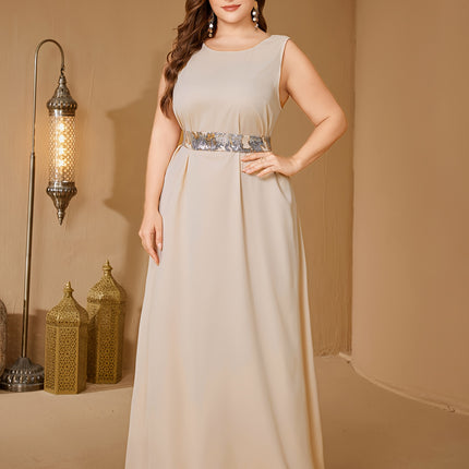 Plus Size, Plus Size Sequin Dress with Dual-Waist  Long Sleeve Train Maxi Gown, Elegant Formal Wedding