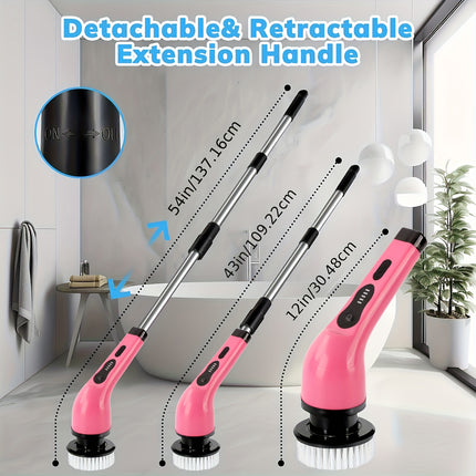 Rotating Electric Scrubber  Pink Wireless with Extended Handle, 2 Adjustable Speeds