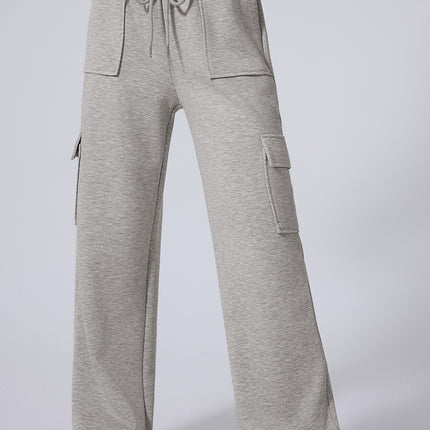 Light Grey Multi Pockets Lace-up High Waist Wide Leg Workout Pants