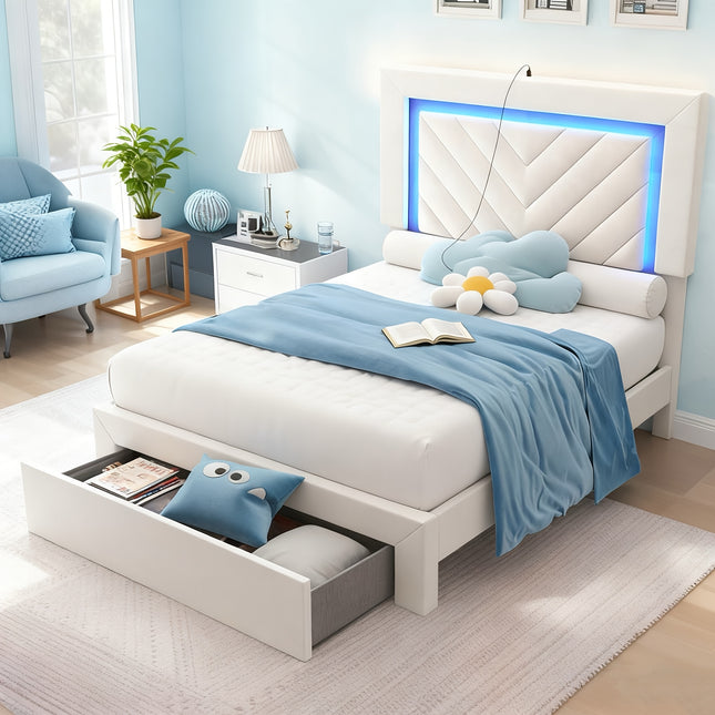 Bed Frame with Upholstery Featuring an Adjustable LED Headboard, Built-In Charging Station