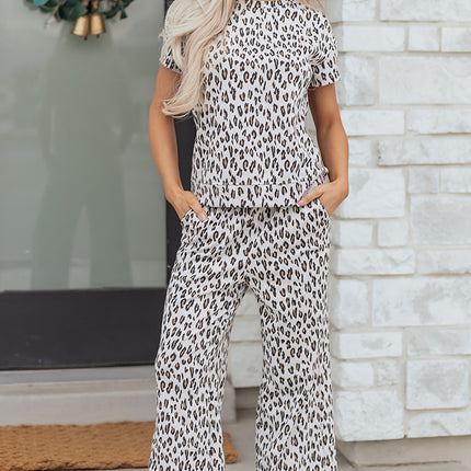 Beige Leopard Print Casual Tee and Pants 2pcs Outfit