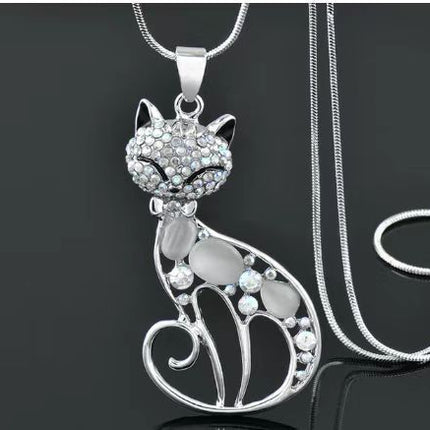 Cute Crystal Shining Diamond Opal Cartoon Fox Cat Necklace