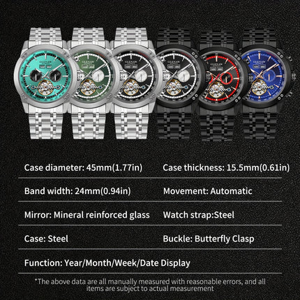 Men'S Automatic Mechanical Watch - Date Display, Stainless Steel Band, Luxury Round Dial
