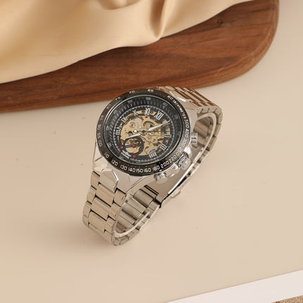 Men'S Luxury Automatic Mechanical Watch - Elegant Steel Band, Multi-Function Sun/Moon/Star Display,