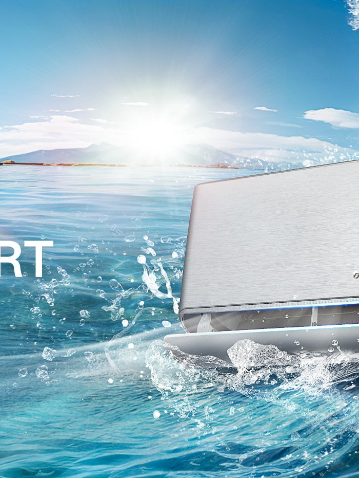 Air conditioner with surfing motion on a blue wave background, featuring Gree brand.