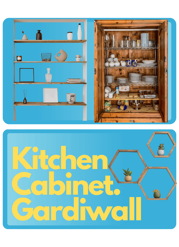 Two images of kitchen cabinets with shelves and a blue background, featuring the brand 'Kitchen Cabinet Gardiwall'.