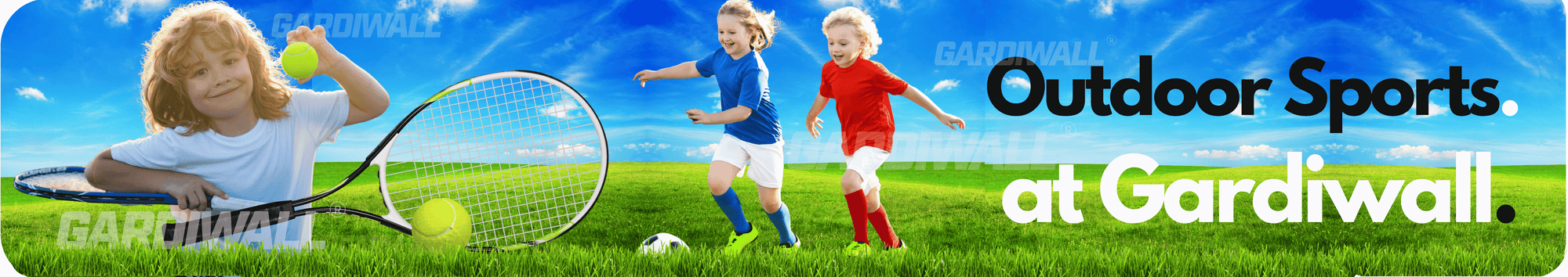 Children playing outdoor sports with tennis rackets and soccer balls on a grassy field, with a blue sky and clouds in the background.