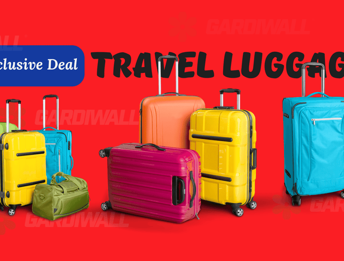 Colorful travel luggage on a red background with 'Exclusive Deal' text.