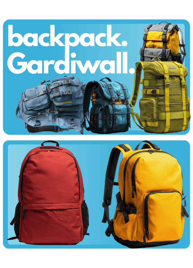 Collection of backpacks with 'backpack. Gardiwall.' branding on a blue background.