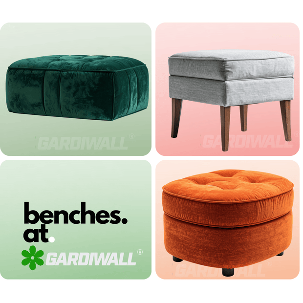 Four ottomans in different colors with Gardiwall branding on a white background.