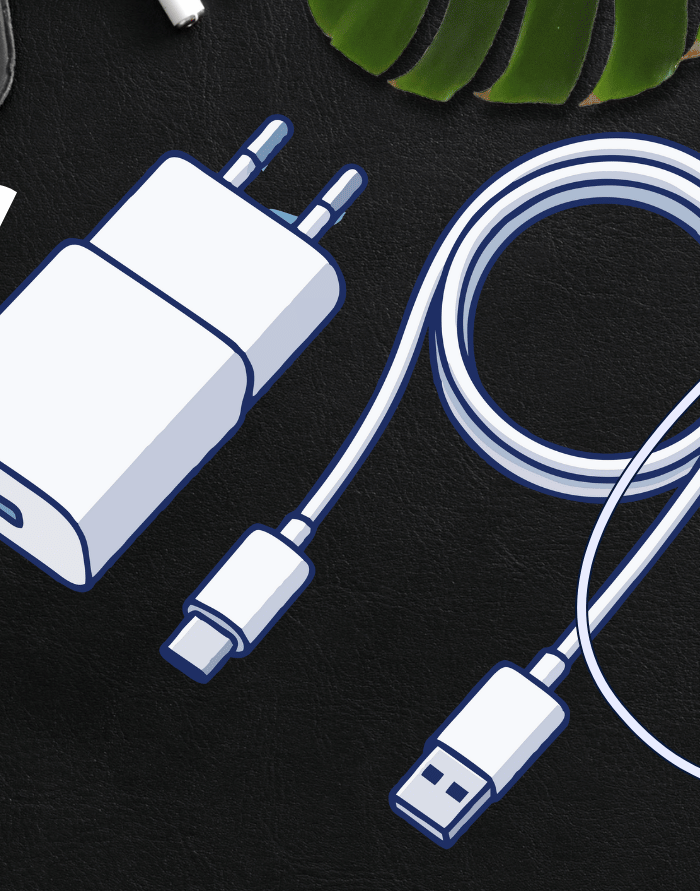 Charger cables and accessories on a dark surface with text 'charger Cables'.