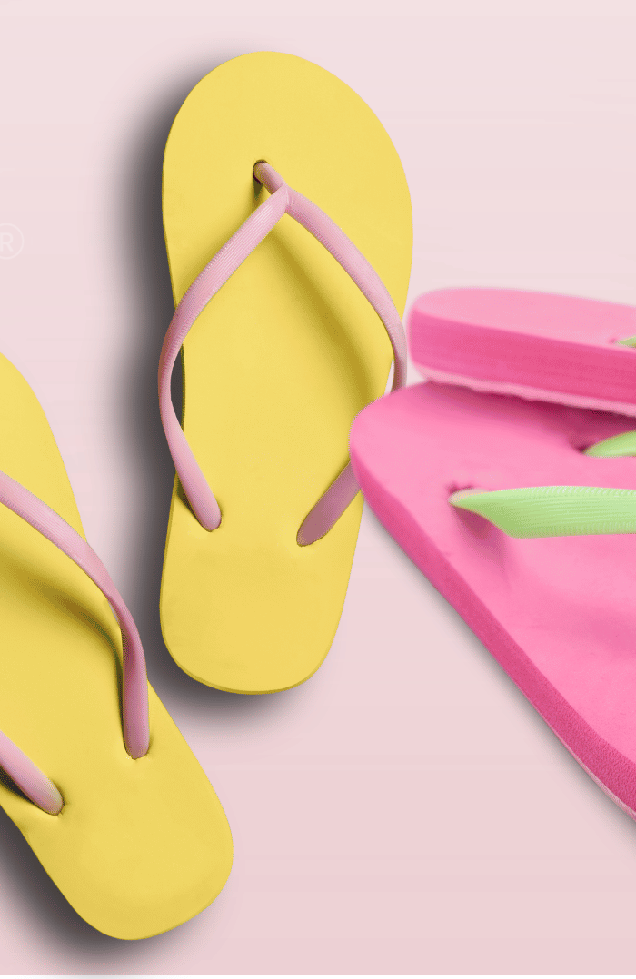 Colorful flip-flops with 'Flip Flops. Gardiwall.' text on a pink background