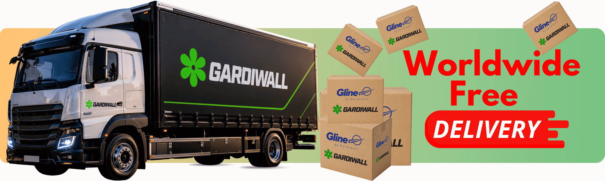 Gardinwall delivery truck with boxes and 'Worldwide Free Delivery' text on a green background