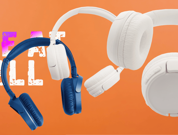 Headphones and earbuds on an orange background with text overlay