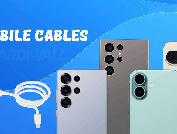 Four smartphones with a charging cable on a blue background, labeled 'MOBILE CABLES'.