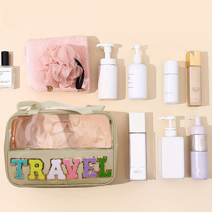 Light Pink TRAVEL Chenille Letter Clear PVC Makeup Bag