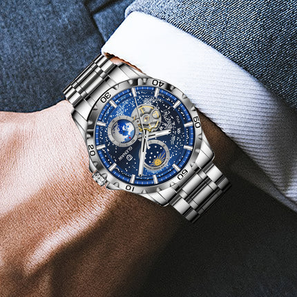 Men's Mechanical Watch Starry Sky Dial Steel Band Stopwatch Sun Moon Star Automatic