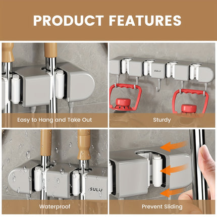 Mop Holder with Hooks - Heavy-Duty ABS Plastic Broom Organizer for Bathroom, Kitchen, Closet