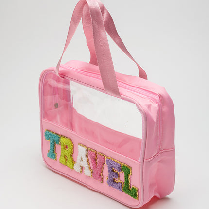 Light Pink TRAVEL Chenille Letter Clear PVC Makeup Bag