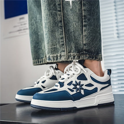 Men's Trendy Flower Pattern Lace Up Skateboard Shoes, Non Slip Comfy Platform Shoes, All Seasons