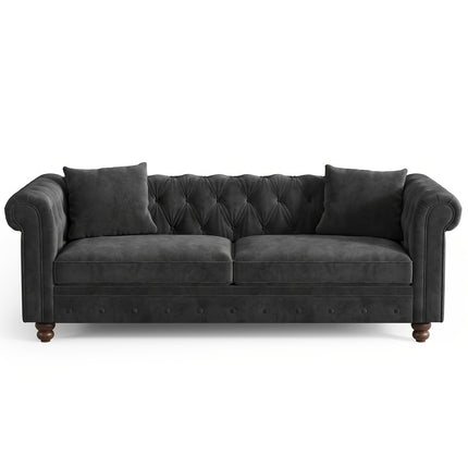 Sofa In Black Velvet, Featuring Rolled Arms, 23.6" Deep Seat With Two Throw Pillows
