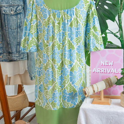 Sky Blue Floral Print Color Block Patchwork Shirt Collar Half Sleeve Mini Dress