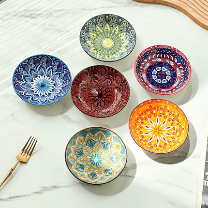 12pcs Bohemian Style Dinnerware Set, Colorful Hand-Painted Underglaze, 5.7-Inch Ceramic Plates,
