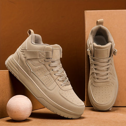 Outdoor Casual Sneakers - Beige PU Upper, MD Sole & EVA Cushioning, Breathable Fabric Lining