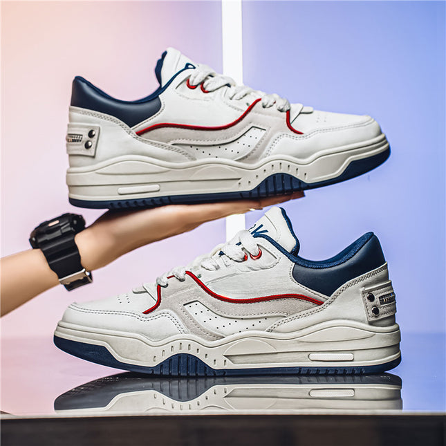 Men's Large Size Low-Top Sneakers - PU Upper & White/Red Burgundy Color