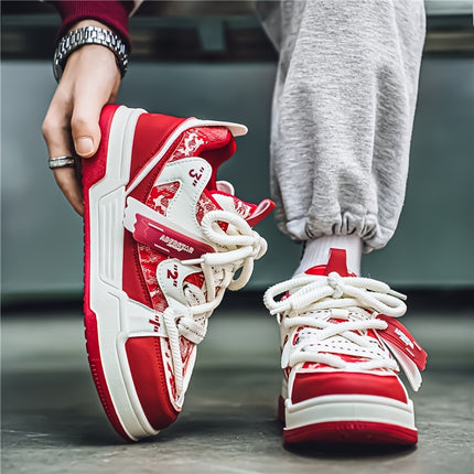 Men's Versatile Street Style Skateboot Shoes - Casual Fashion Sneakers in Red & White with Abstract Pattern,