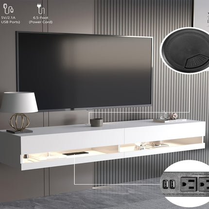 Modern Minimalist Floating TV Stand with LED Lights & Power Outlets, Wall-Mounted Entertainment Center