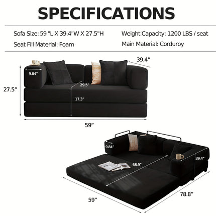 Sofa Bed | Convertible Floor Boneless Couch with Comfy Pillow, Modular Modern Corduroy Sofa