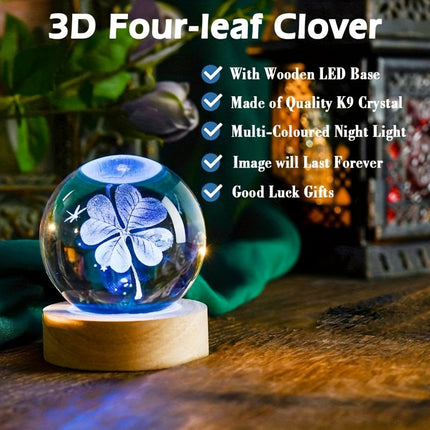 1pc 3D Four-Leaf Clover Crystal Ball with Multicolor Lighting Base,Good Luck Style Night