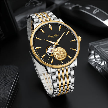 Men's Automatic Mechanical Skeleton Watch with Adjustable Metal Band, Black Dial & Golden Accents