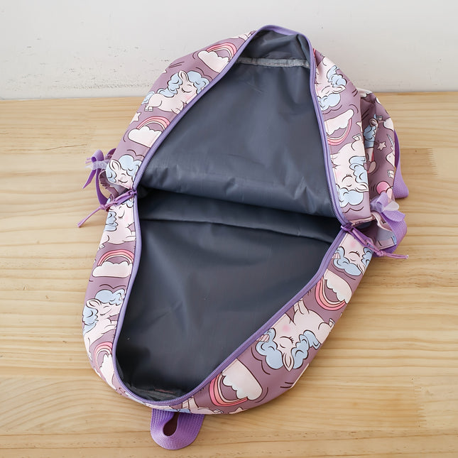 Cartoon Nylon Print Backpack, Campus Lightweight Large Capacity Student Bookbag Three-Piece Set