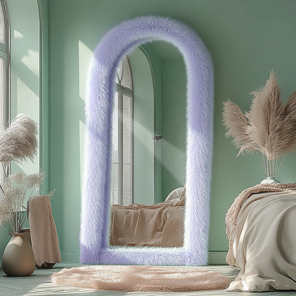 24" x 65" Arched Full-Length Mirror with Chic Blue Faux Fur Frame - Expansive Reflections, Glass Surface,