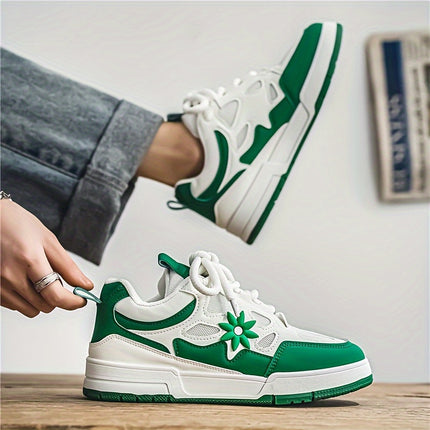 Men's Trendy Flower Pattern Lace Up Skateboard Shoes, Non Slip Comfy Platform Shoes, All Seasons