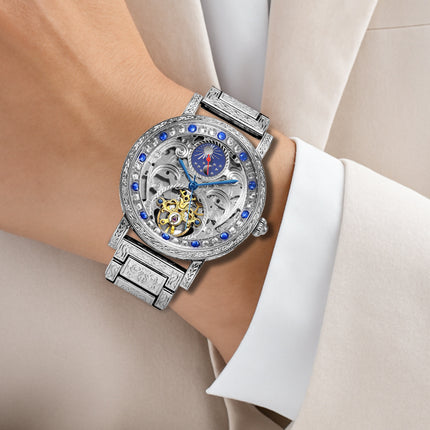 Men's Silvery Blue Steel Strip Fashion Style Versatile Sun Moon Precision Carving Fully Automatic
