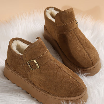 Coffee Buckle Detail Round Toe Platform Cozy Winter Boots