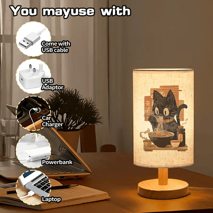 Cute Black Cat Eating Ramen Print LED Bedside Lamp - Nordic Wooden Desk Light with Fabric Shade